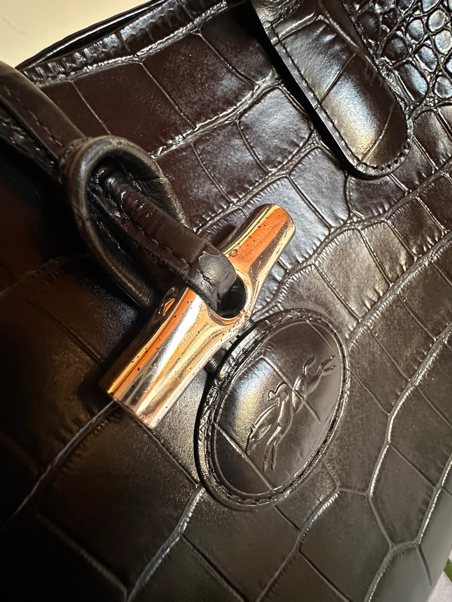 Longchamp Roseau Bag - Black Croc-Effect Leather