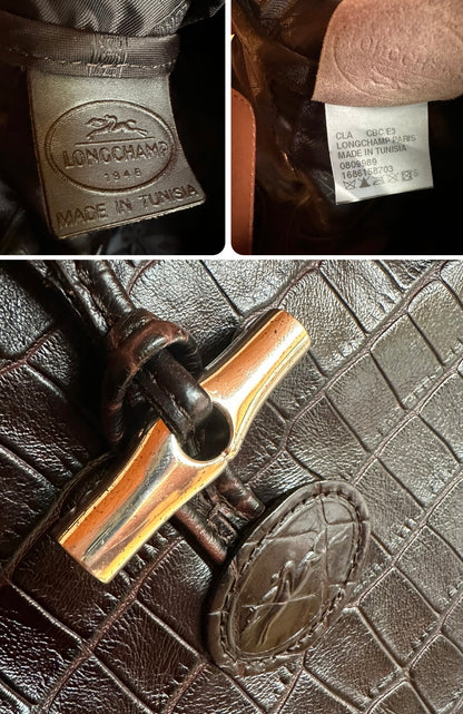 Sac Longchamp Roseau - Cuir Croco marron.