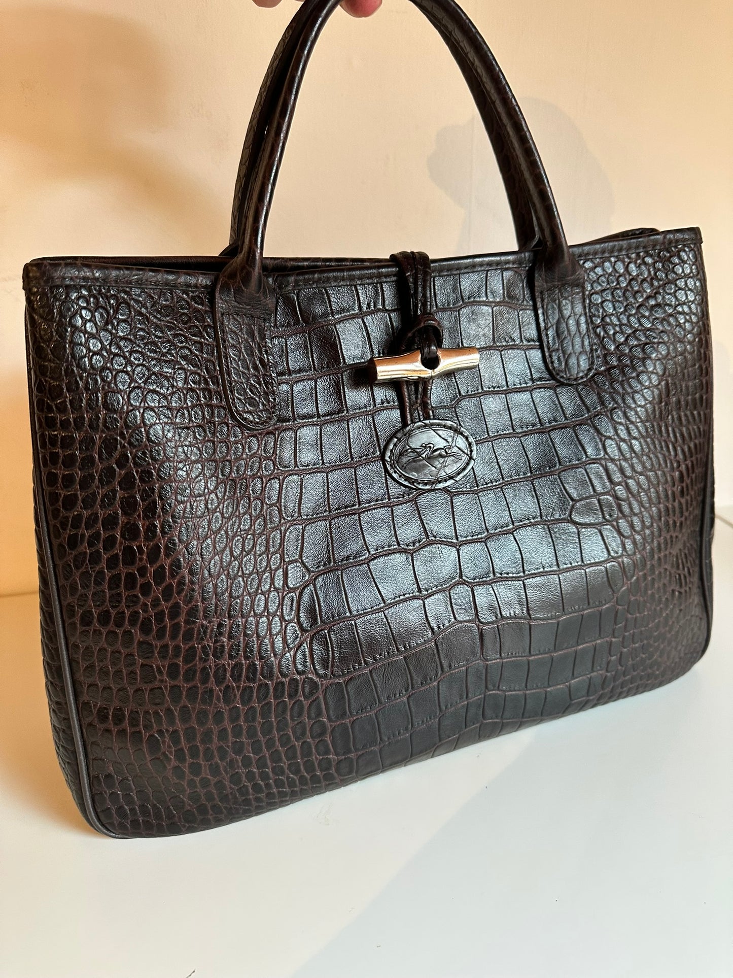 Sac Longchamp Roseau - Cuir Croco marron.