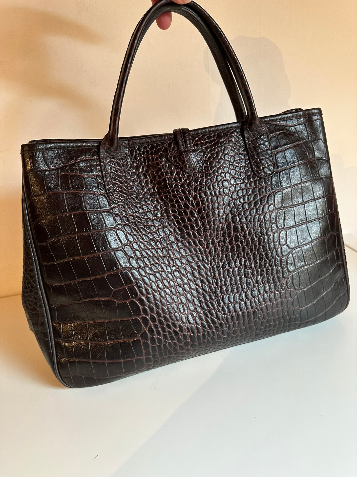 Sac Longchamp Roseau - Cuir Croco marron.
