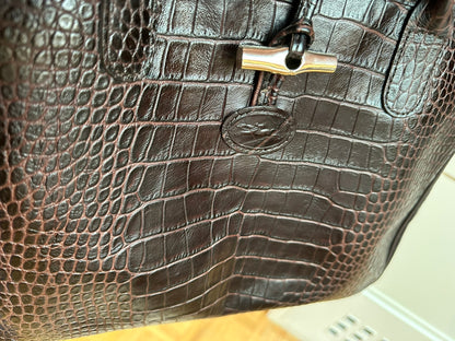 Sac Longchamp Roseau - Cuir Croco marron.