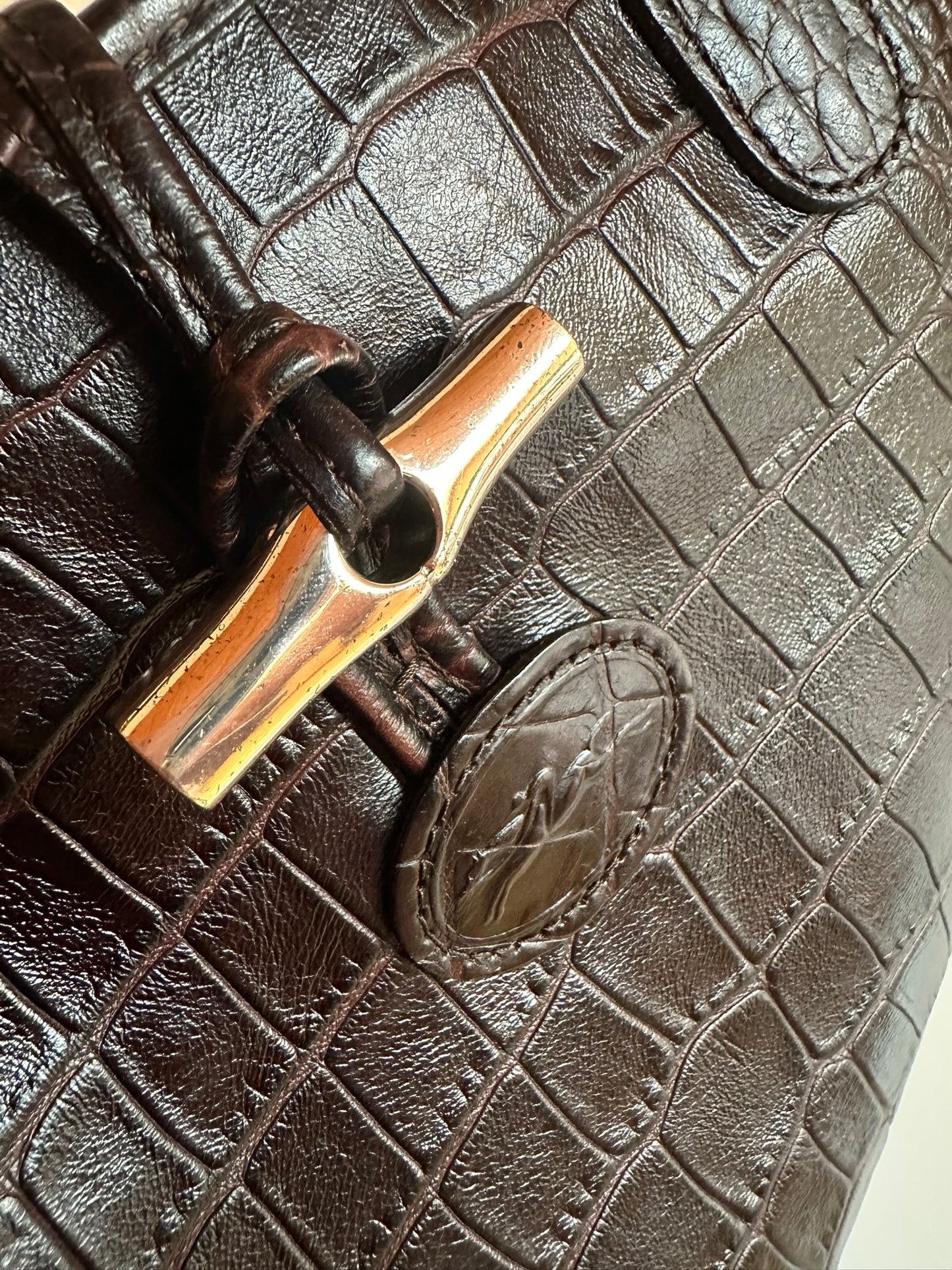 Sac Longchamp Roseau - Cuir Croco marron.