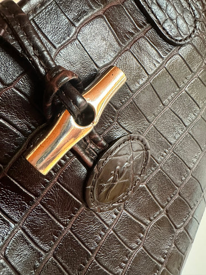 Sac Longchamp Roseau - Cuir Croco marron.